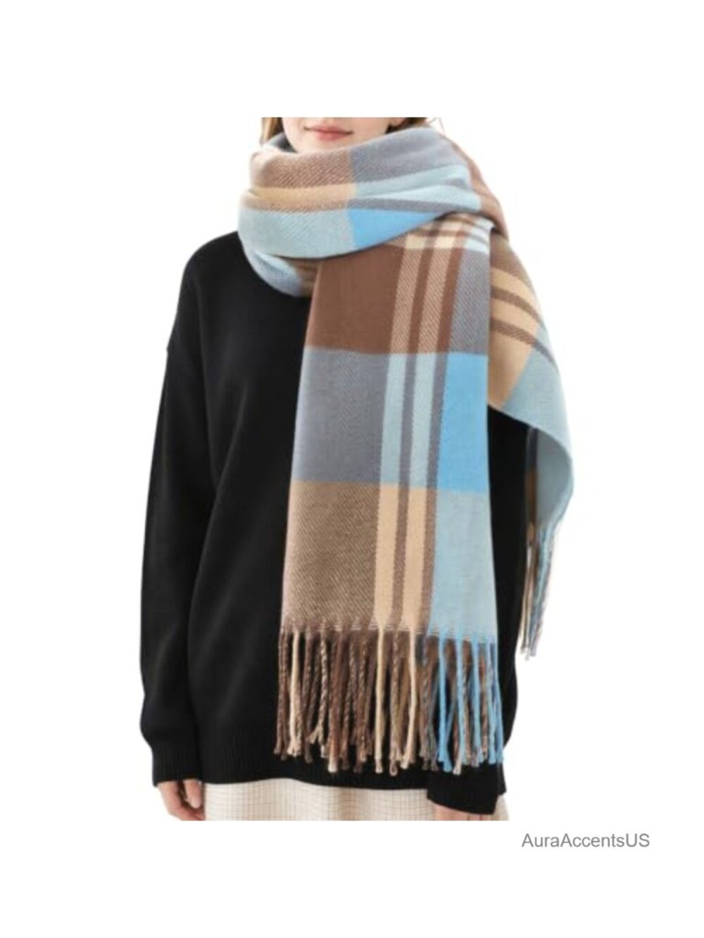 Women's Cozy Plaid Winter Scarf with Tassels Oversized Warm Wrap